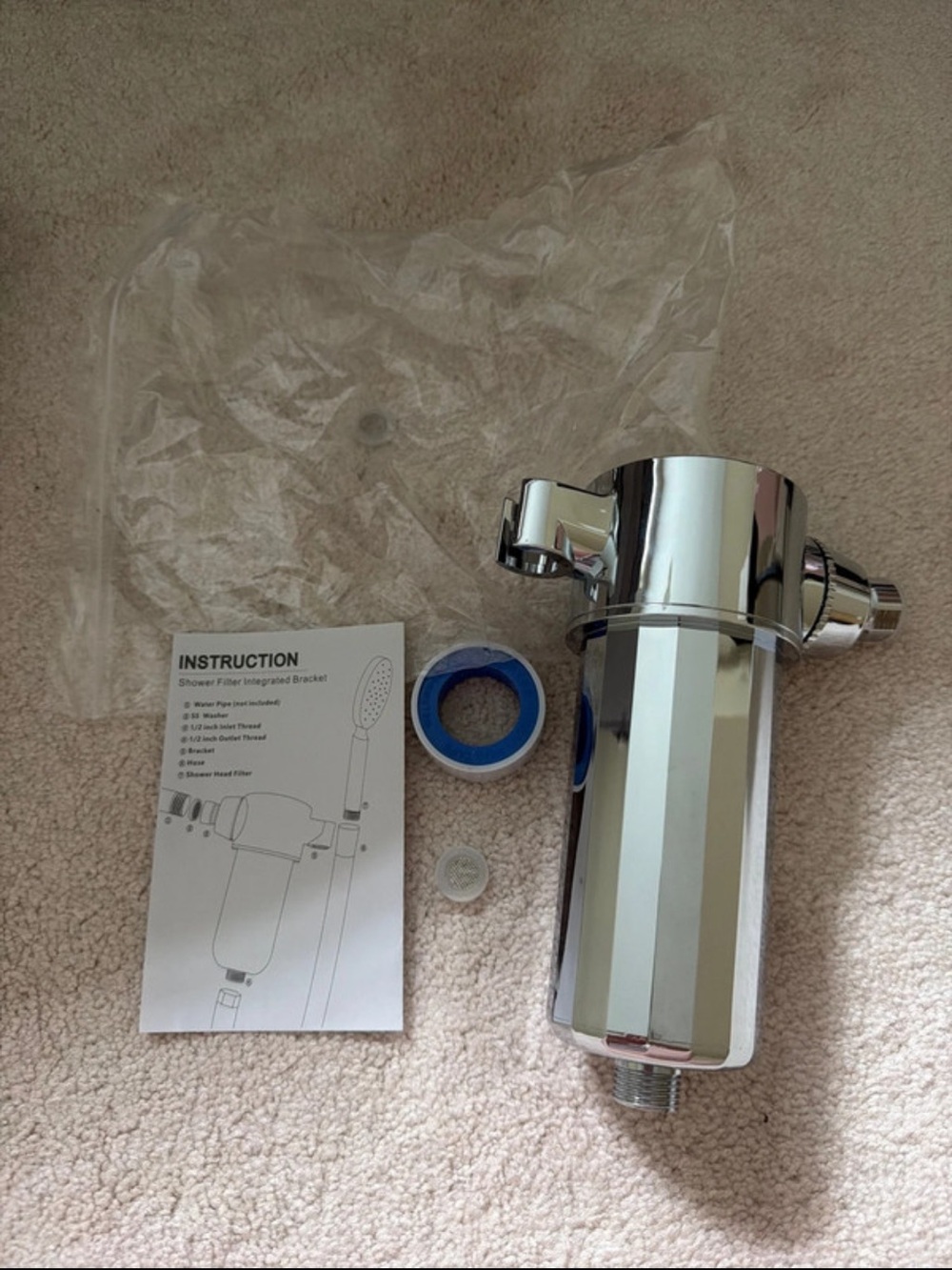 Amazon Chrome Shower Water Filter with Blue Teflon Tape